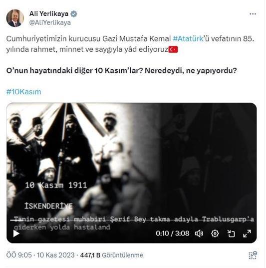 Bakan Yerlikaya, 10 Kasımlar videosu ile Atatürkü andı