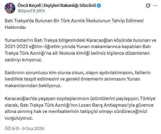 Dışişleri: Yunanistanda Türk okuluna saldırıyı kınıyoruz