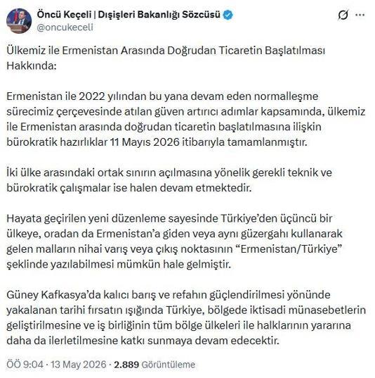 Dışişleri Bakanlığı: Ermenistanla doğrudan ticarete ilişkin bürokratik hazırlıklar tamamlandı