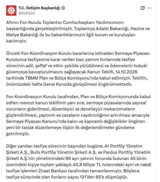Fon Kurulundan 6ıncı toplantı: Tasfiye sürecinde olan fonların sayısı 131den 65e düştü
