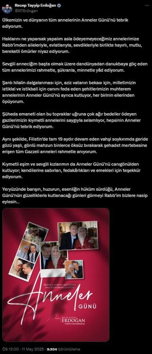 Cumhurbaşkanı Erdoğandan anneler günü mesajı