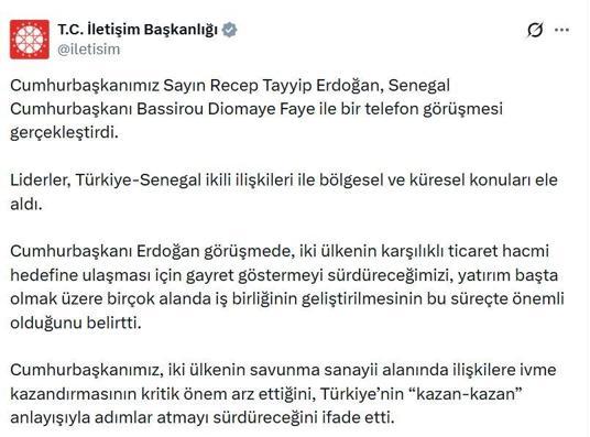 Cumhurbaşkanı Erdoğan, Senegal Cumhurbaşkanı Faye ile telefonda görüştü