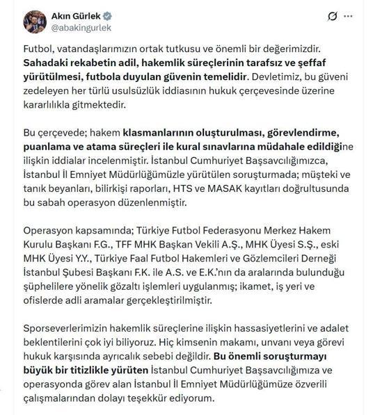 Bakan Gürlekten hakem soruşturmasına ilişkin açıklama