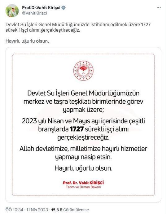 Bakan Kirişci: DSİye 1727 işçi alımı gerçekleştireceğiz