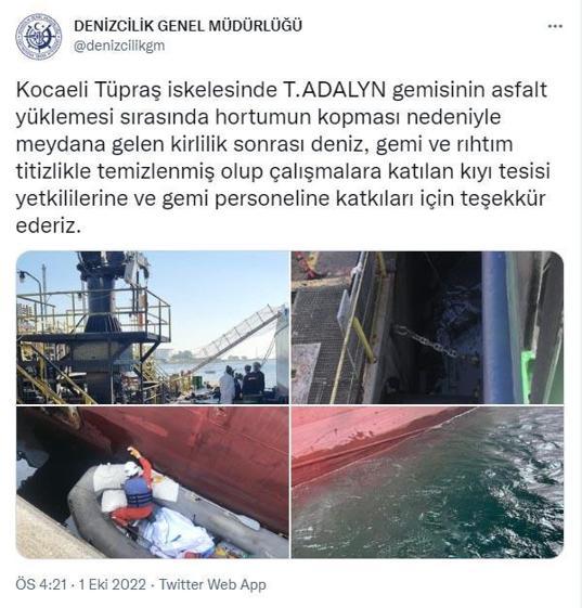 Gemiye asfalt yüklemesinde hortum koptu, denizde kirlilik oluştu