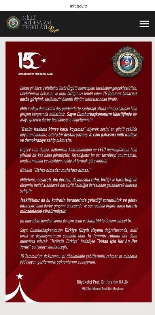 MİT Başkanı Kalından 15 Temmuz mesajı