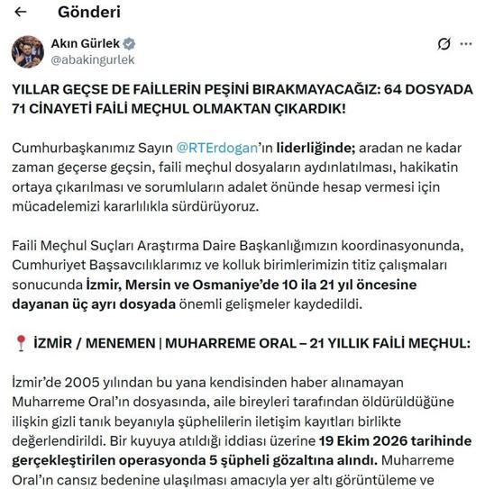 Bakan Gürlek: 64 dosyada 71 cinayeti faili meçhul olmaktan çıkardık