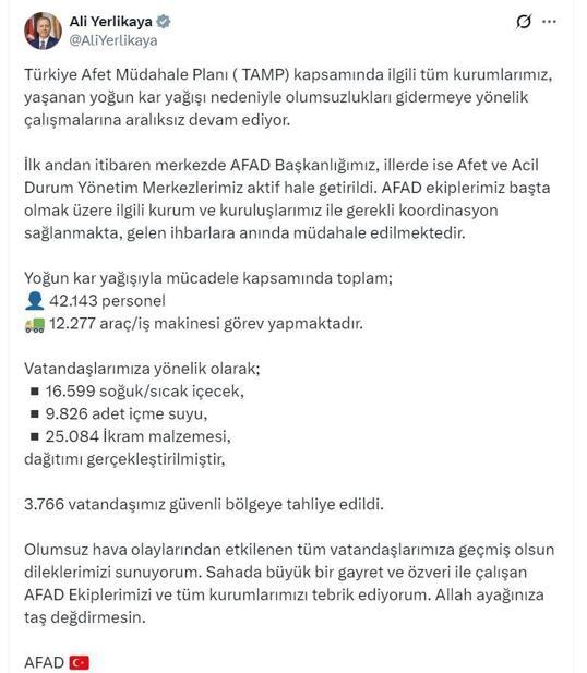 Bakan Yerlikaya: Yoğun kar nedeniyle 3 bin 766 kişi güvenli bölgeye tahliye edildi