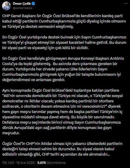 AK Partili Çelik: Özelin yabancı ülkelerdeki partilerin desteğini talep etmesi vahim bir durum