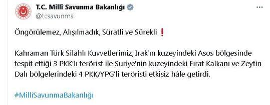 MSB: Irak ve Suriyenin kuzeyinde 7 terörist etkisiz hale getirildi