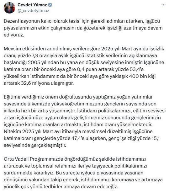 Cevdet Yılmaz: İstihdamımızı artıracak politikalarımızı sürdüreceğiz