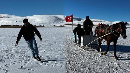 Çıldır Gölü'nde bir tarafta atlı kızak, bir tarafta buz pateni