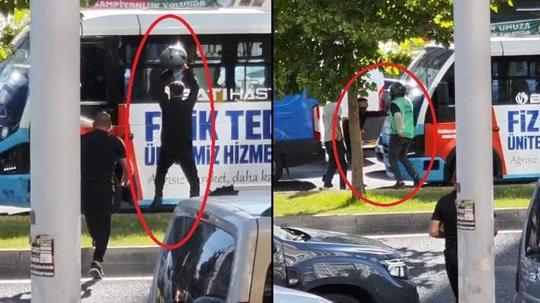 Motokuryeden yol verme tartışmasında minibüse kasklı saldırı; o anlar kamerada