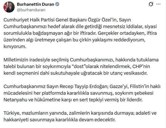 İletişim Başkanı Duran: Cumhurbaşkanımızı, bir soykırımcıyla dost olarak nitelendirmek utanç vesikasıdır