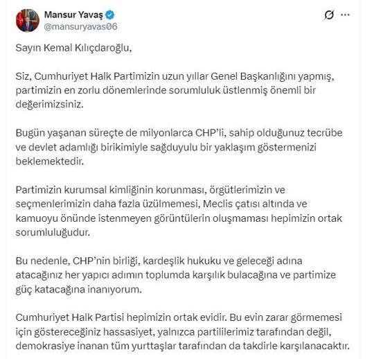 Mansur Yavaştan Kılıçdaroğluna çağrı: Milyonlarca CHPli, sağduyulu bir yaklaşım göstermenizi beklemekte