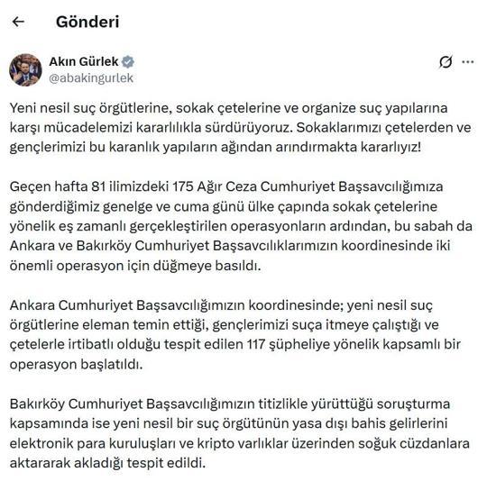 Bakan Gürlek: Çetelerin finansal şah damarlarını kökünden kesiyoruz
