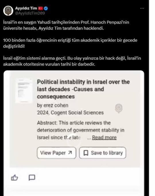 Ayyıldız Tim, İsrailli profesörün hesabını hackledi