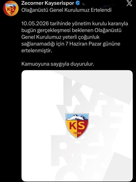 Zecorner Kayserisporun seçimli olağanüstü genel kurulu ertelendi