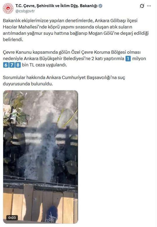 Bakanlıktan ABBye 1,6 milyon lira atık su deşarjı cezası