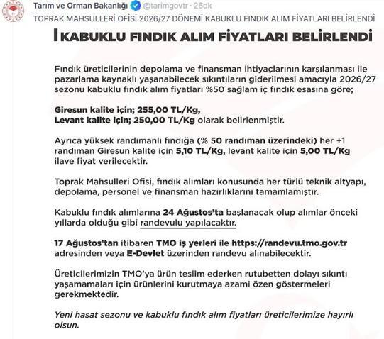 2026-2027 dönemi fındık alım fiyatları açıklandı