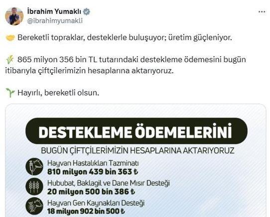 Bakan Yumaklı: 865 milyon lira tarımsal destek ödemesi bugün hesaplara yatırılacak