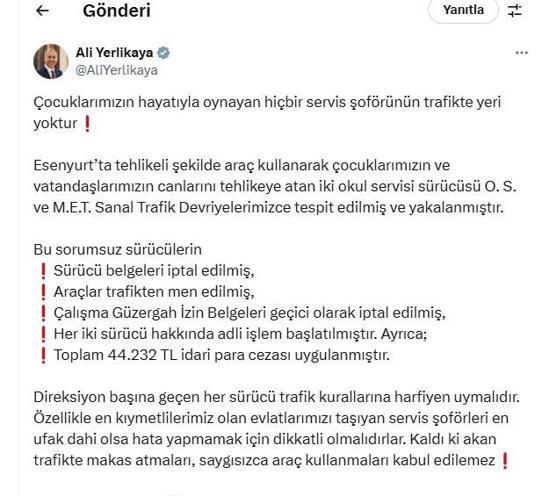 Tehlikeli araç kullanan iki okul servisi şoförünün sürücü belgeleri iptal edildi