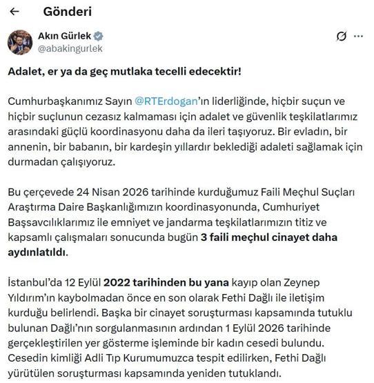 Bakan Gürlek: 3 faili meçhul cinayet daha aydınlatıldı