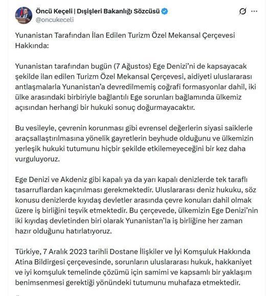 Dışişleri Sözcüsü Keçeliden Yunanistanın Turizm Özel Mekansal Çerçevesine ilişkin açıklama
