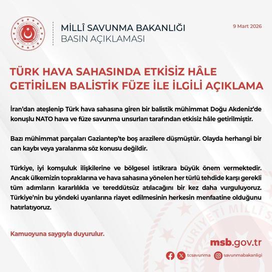 MSB: Türk hava sahasına giren balistik mühimmat imha edildi
