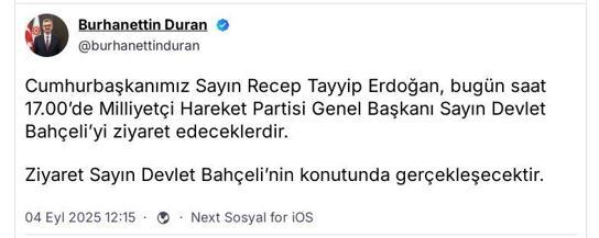 Cumhurbaşkanı Erdoğan, Devlet Bahçeliyi ziyaret edecek