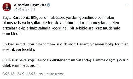 Bakan Bayraktar: Dağıtım hatlarındaki arızalara müdahale edilmektedir