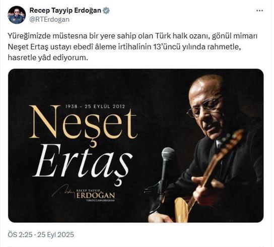 Cumhurbaşkanı Erdoğan: Neşet Ertaş ustayı rahmetle yad ediyorum
