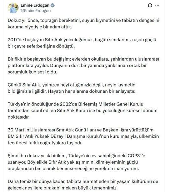 Emine Erdoğandan Sıfır Atık paylaşımı