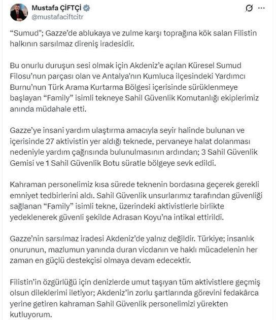 Arızalanan Sumud teknesine Türk Sahil Güvenliği yardım etti