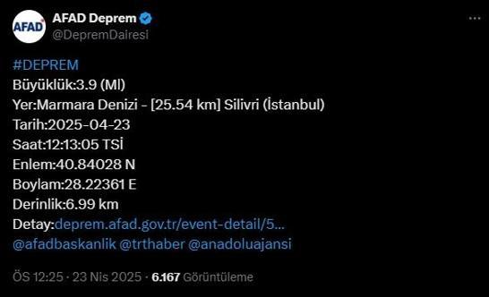 Silivri açıklarında 6.2 büyüklüğünde deprem