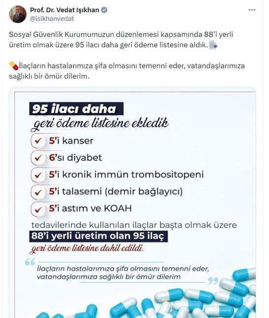 Bakan Işıkhan: 95 ilacı geri ödeme listesine aldık