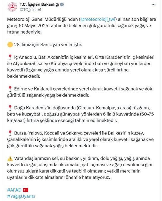 28 ilde sağanak ve fırtına nedeniyle sarı uyarı