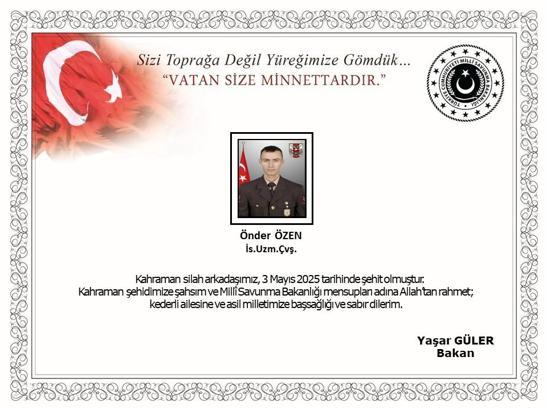 Irakın kuzeyindeki Pençe- Operasyon bölgesinde mayına basan uzman çavuş şehit oldu