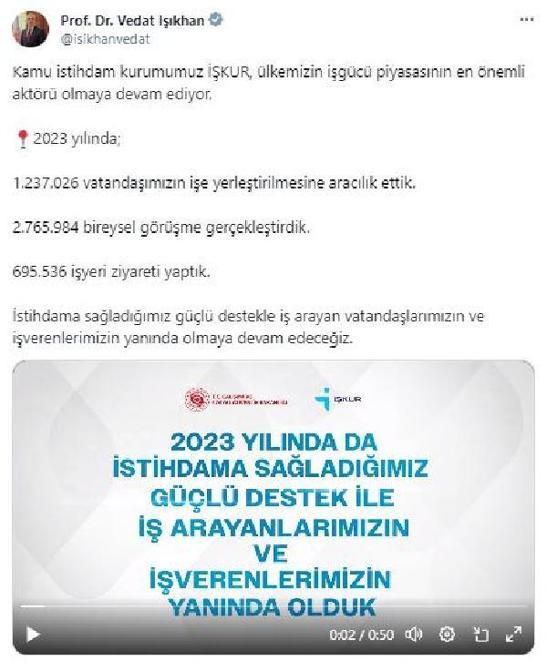 Bakan Işıkhan: İŞKUR, 1 milyon 237 bin 26 istihdama aracılık etti