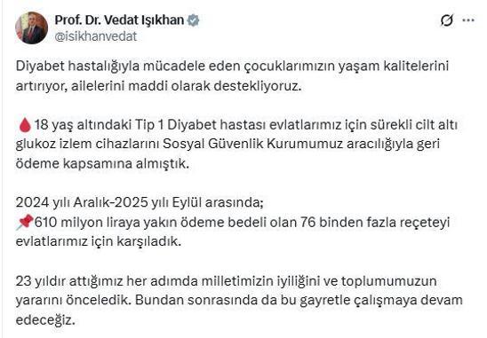 Bakan Işıkhan: 18 yaş altı diyabet hastaları için 610 milyon liralık reçete karşılandı