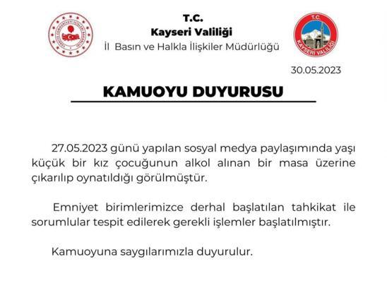 Kayseri Valiliğinden alkol alınan masada kız çocuğu oynatılmasıyla ilgili açıklama