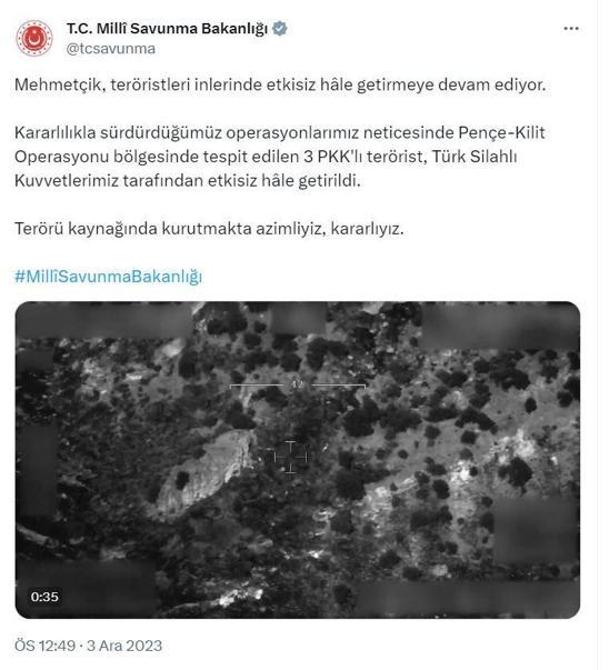 MSB: 3 PKKlı terörist etkisiz hale getirildi