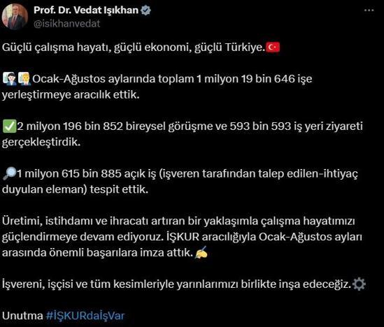 Bakan Işıkhan: Ocak-Ağustos arasında 1 milyon kişiyi işe yerleştirmeye aracılık ettik