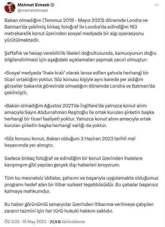 Bakan Şimşek: Hakkımdaki gerçek dışı haberleri kınıyorum