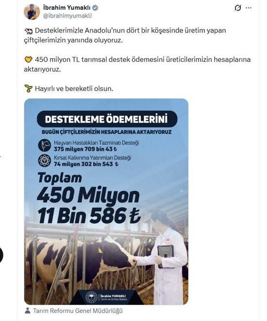 Üreticilere 450 milyon TL tarımsal destek