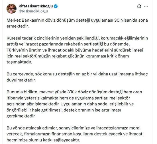 TOBB Başkanı Hisarcıklıoğlu: Döviz dönüşüm desteği en az bir yıl daha uzatılmalı