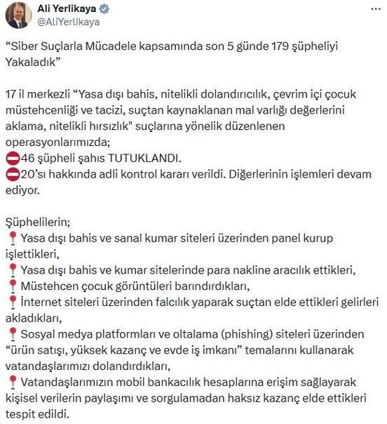 17 il merkezli siber suç operasyonları; 179 gözaltı