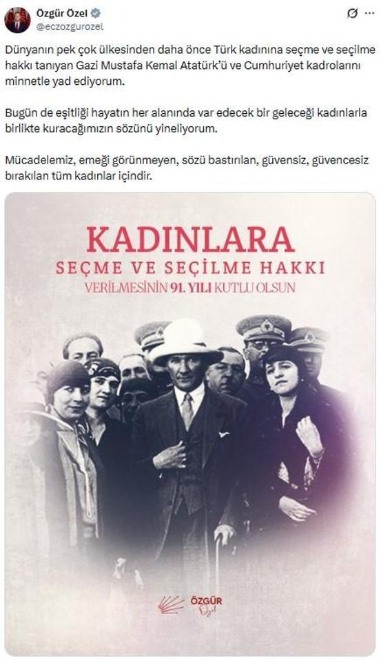 Özel, Türk kadınının seçme ve seçilme hakkını elde edişinin yıl dönümünü kutladı