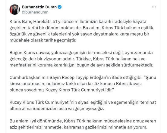 İletişim Başkanı Durandan 20 Temmuz Barış ve Özgürlük Bayramı mesajı