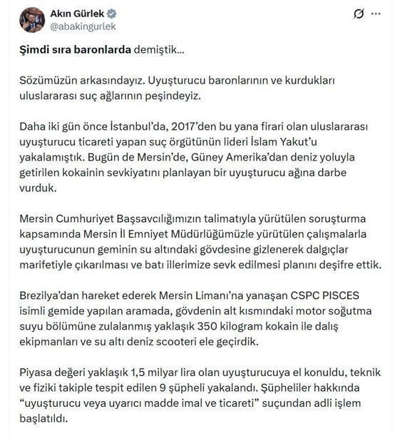 Mersin Limanında geminin altına gizlenmiş 350 kilo kokain ele geçirildi
